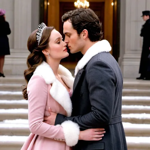 Prompt: Blair Waldorf wearing diamond tiara on her head, silk pink dress, cropped white fur open vest and Dan Humphrey with a dark gray coat kissing in front of MET library staircase 