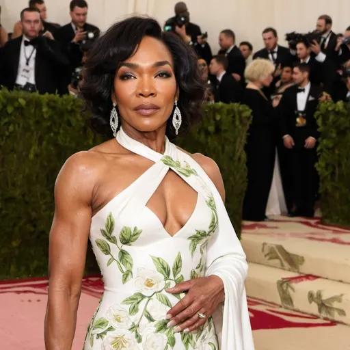 Prompt: Angela Bassett at the MET GALA red carpet posing wearing gardenia inspired dress
