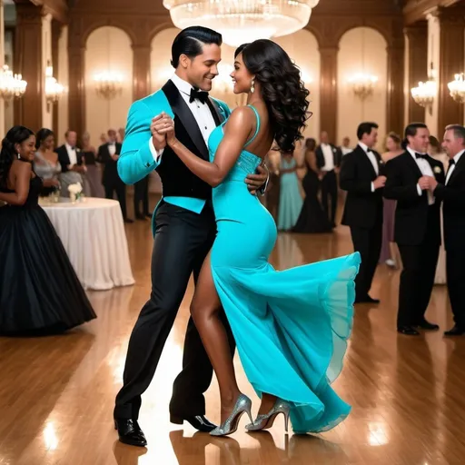 Prompt: A handsome Latino man in a grey tuxedo with slick black hair dancing with a beautiful black woman with long brown hair,  turquoise dress and silver heels in a Victorian style ballroom happily realistic 