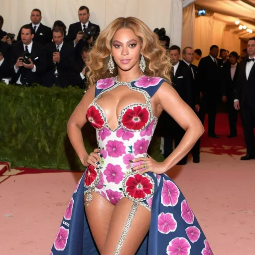 Prompt: Beyoncé posing at the MET GALA red carpet wearing a petunias inspired dress