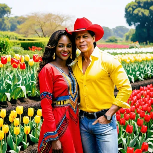 Prompt: <mymodel> Shahrukh Khan in a white shirt and blue denim jeans lovingly holding a beautiful dark skin black woman smiling coyly with a red zulu hat wearing a red dashiki dress in a yellow tulip filled garden.