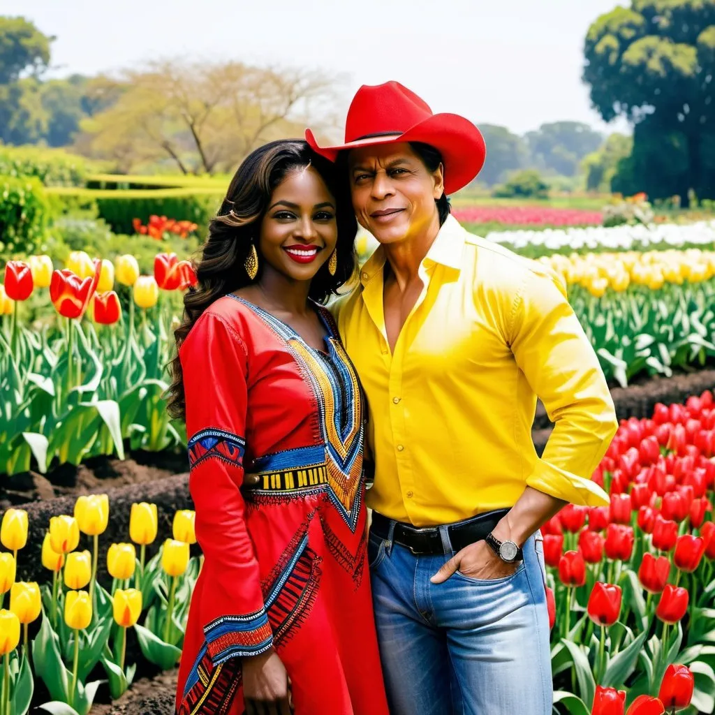 Prompt: <mymodel> Shahrukh Khan in a white shirt and blue denim jeans lovingly holding a beautiful dark skin black woman smiling coyly with a red zulu hat wearing a red dashiki dress in a yellow tulip filled garden.