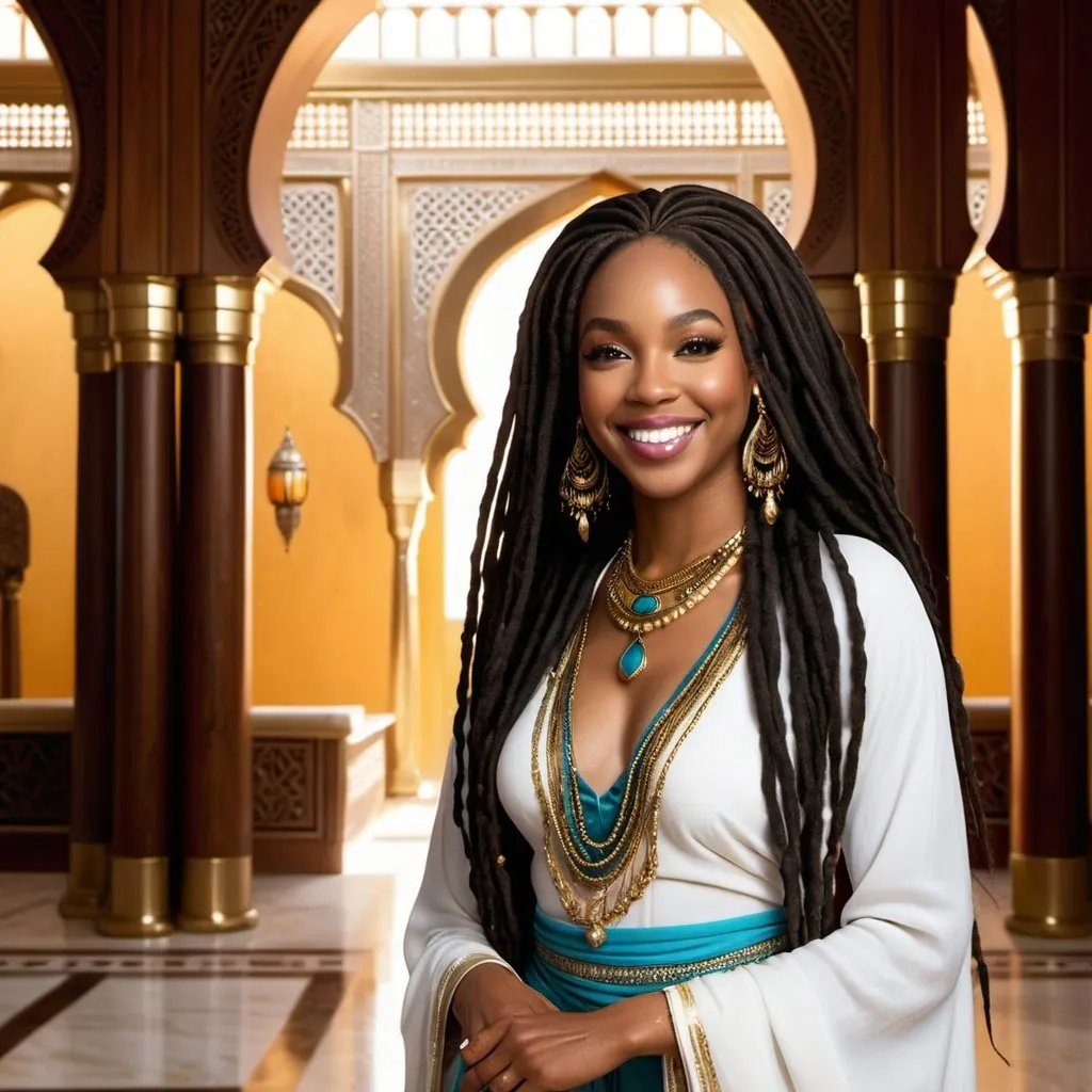 Prompt: Hyper realistic realistic black woman with long locs smiling dressed as Jasmine in an Arabian palace foyer