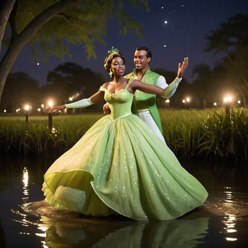 Prompt: Beautiful black woman dressed as Princess Tiana dancing with Prince Naveen in the bayou at night 