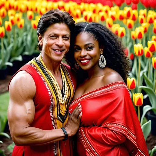 Prompt: Shahrukh Khan lovingly holding a beautiful dark skin black woman smiling coyly with a red zulu hat wearing a red dashiki dress in a yellow tulip filled garden.