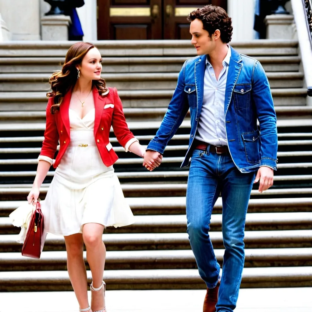 Prompt: Blair Waldorf wearing a red blazer and white dress and Dan Humphrey in a white T-shirt, denim jacket and blue denim jeans happily holding hands walking down stairs 