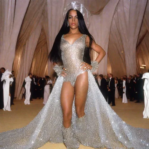 Prompt: Aaliyah posing wearing a crystal diamond dress at the MET GALA 