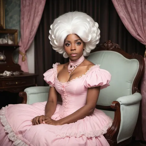 Prompt: A beautiful black woman wearing a huge Victorian pink dress and exaggerated Victorian white wig while sitting in vintage chaise