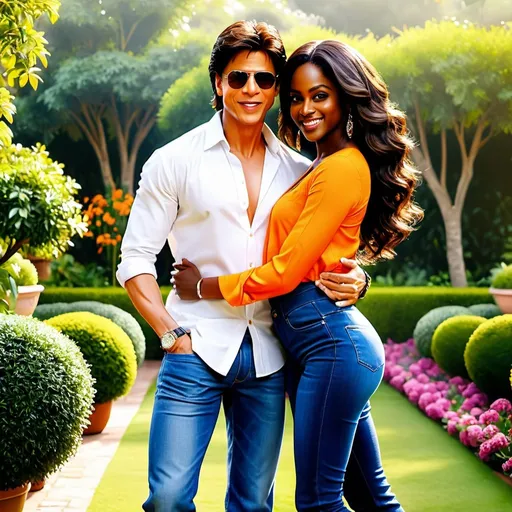 Prompt: Hyper realistic Shahrukh Khan wearing a white shirt and blue jeans smiling and dancing with a hyper realistic beautiful dark skin black woman smiling with long brown hair in a orange romper in a beautiful garden