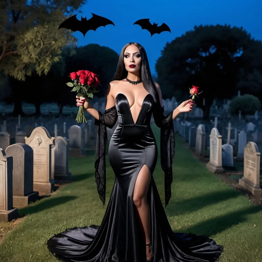 Prompt: Hyper feminine beautiful Black woman dressed as Morticia Addams holding a rose wearing long silky black dress in a cemetery at night and dozens of bats flying in background 