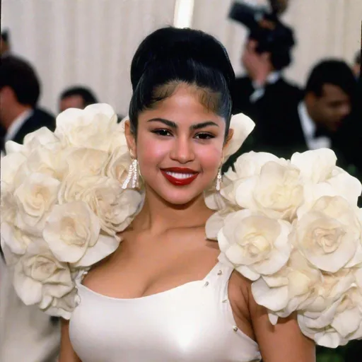 Prompt: Selena Quintanilla posing hair in a bun on the MET GALA red carpet wearing a silky white dress with white rose petals 