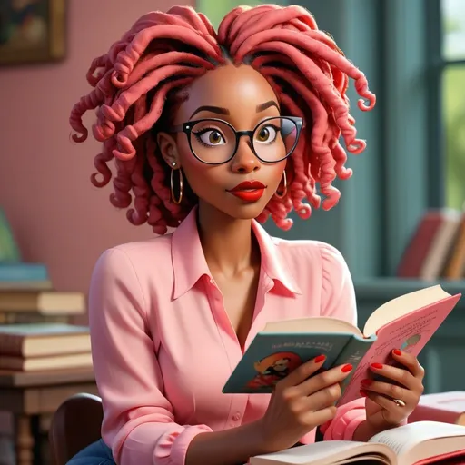 Prompt: Disney style Beautiful black woman with red locs, black reading glasses, in a pink blouse reading a book