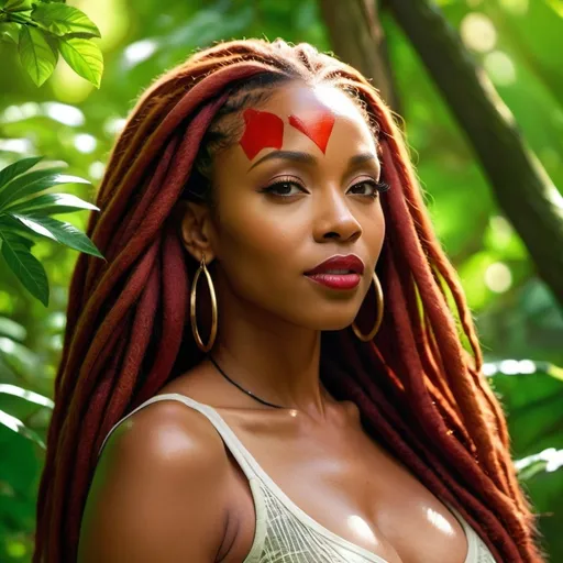 Prompt: Beautiful black woman with long red locs kissing Wolverine in a beautiful forest