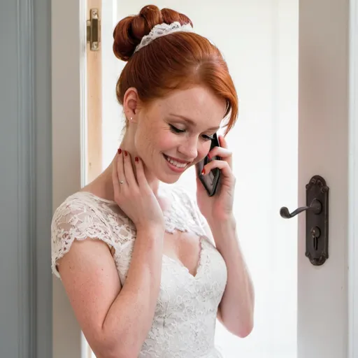 Prompt: A beautiful redhead woman, hair in a bun  in a white lace dress smirking at a door while on her cellphone 