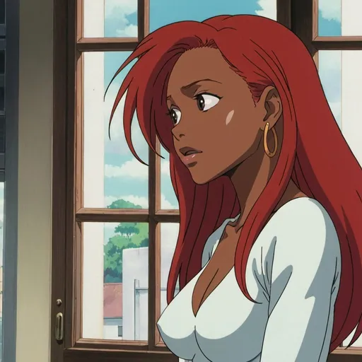 Prompt: 1990s anime screencap, bare chested black woman with long red hair, looking through window, anime scene