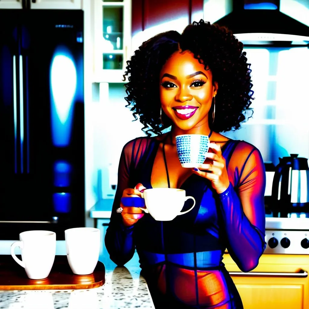 Prompt: Beautiful black woman smirking in sheer tight dress pouring coffee in a kitchen with natural lighting