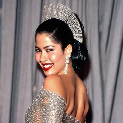 Prompt: Selena Quintanilla posing in a crystal dress hair in bun on the MET GALA red carpet 