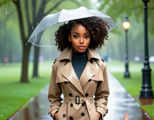 Prompt: Beautiful black woman in a trench coat walking in the rain in a park 