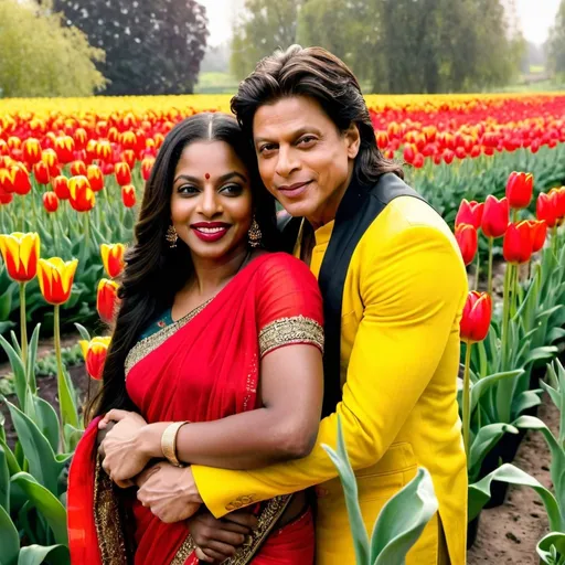 Prompt: Shahrukh Khan lovingly holding a beautiful dark skin black woman smiling coyly with long black hair in a red sari in a yellow tulip filled garden.