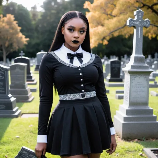 Prompt: Hyper feminine beautiful black woman dressed as Wednesday Addams in a cemetery 