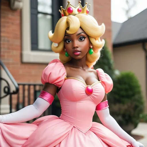 Prompt: Beautiful black woman dressed as princess peach