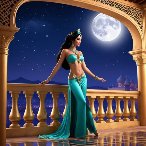 Prompt: <mymodel> Jasmine dancing and flirting with Jafar  Realistic on palace balcony at night full moon real life 