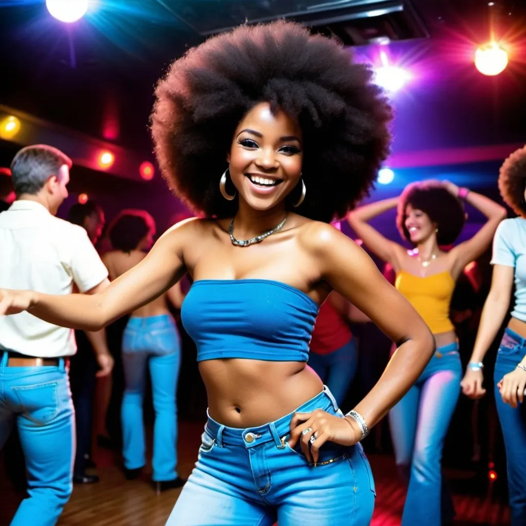 Prompt: Beautiful black woman smilingwith an Afro, blue tube top and bell jeans dancing on the dance floor at a disco nightclub 