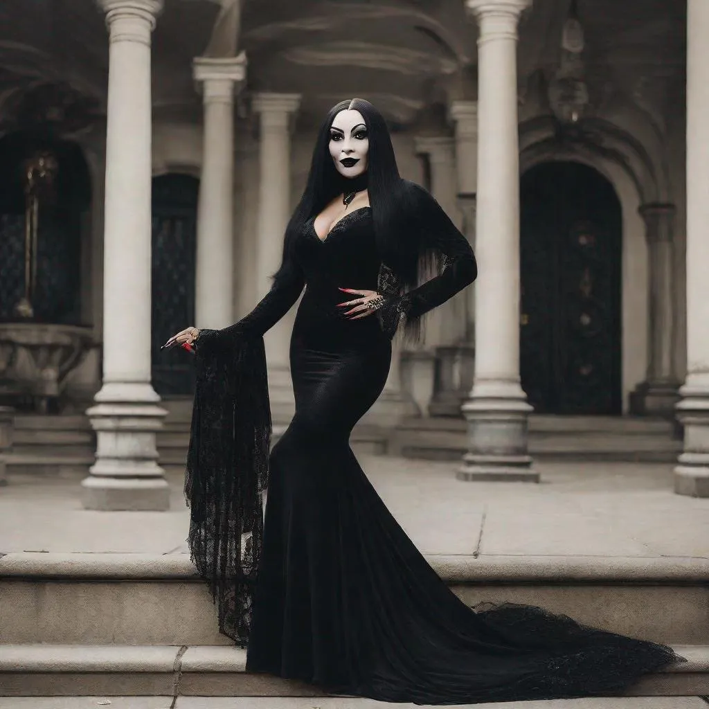 Prompt: Beautiful black woman dressed as morticia addams