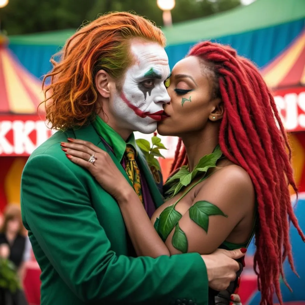 Prompt: Black woman as poison ivy red locs with plant stems on her body Kissing the Joker in front of a circus on free