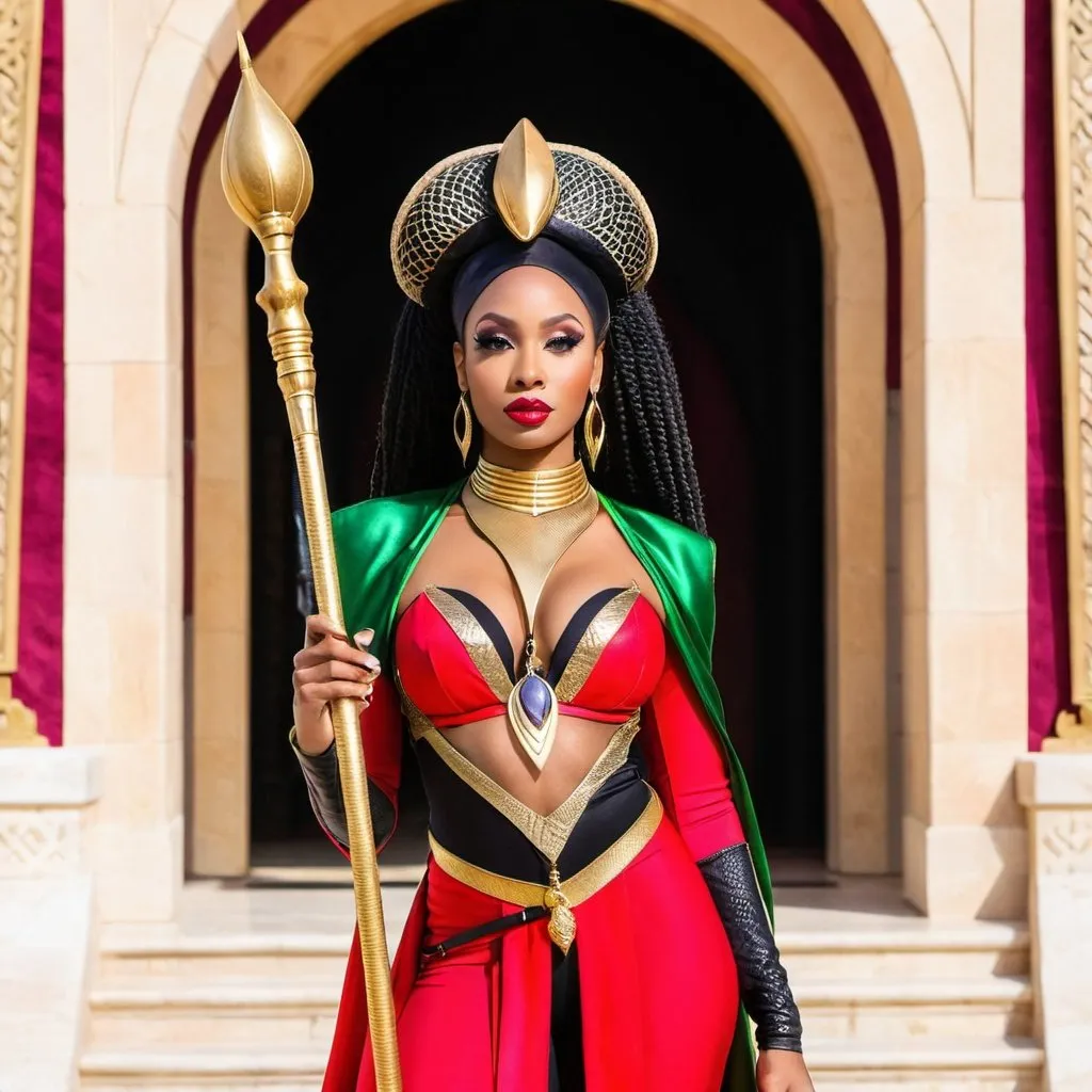 Prompt: Beautiful black woman dressed as Jafar outside the palace with a snake staff<mymodel>