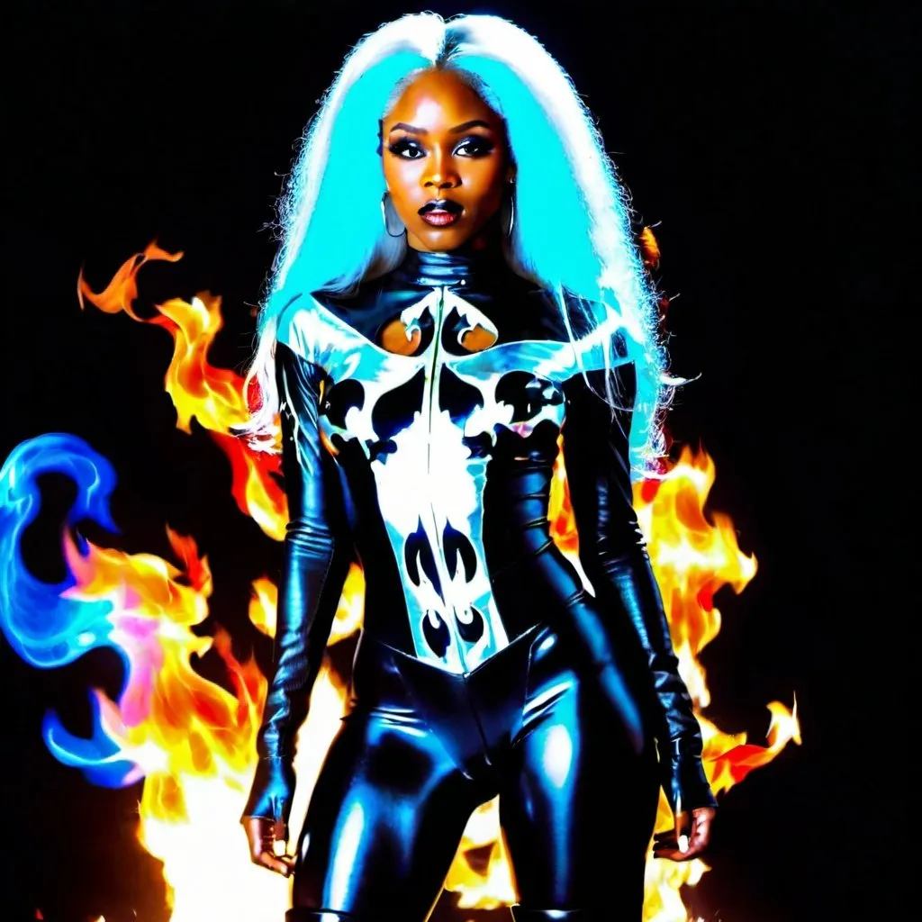 Prompt: Beautiful black woman with silver long hair and black leather leotard with black thigh high boots with fire coming out of her hands 