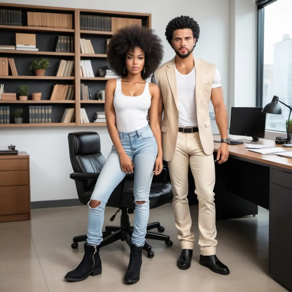 Prompt: Beautiful black woman with an Afro in a white tank top, denim jeans and black biker boots with a Handsome Latino man with slick hair in beige tailored suit with suede shoes in an office 