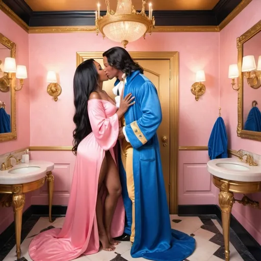 Prompt: A beautiful black woman with long black hair in a long pink robe happily kissing Prince Charming in a blue robe in a luxurious golden washroom 