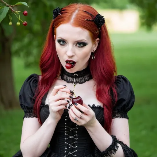 Prompt: Beautiful red head in goth dress eating cherries