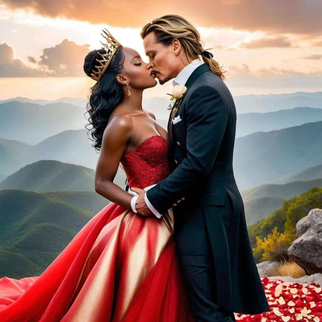 Prompt: Johnny Depp kissing a beautiful black woman with blonde hair and golden crown wearing a red dress on a mountaintop with rose petals romance novel style 