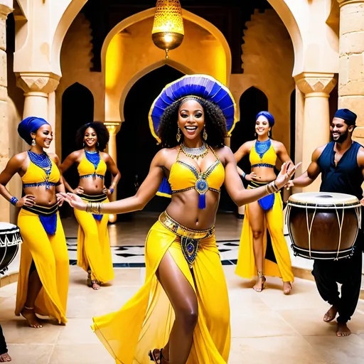 Prompt: Beautiful black woman wearing a yellow belly dancing outfit happily around of drummers in a circle drumming in an Arabian castle 