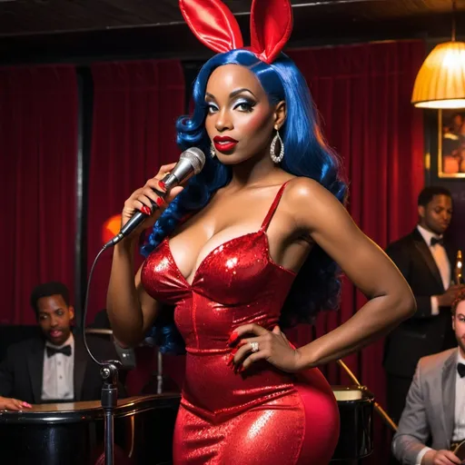 Prompt: A beautiful black woman dressed as Jessica Rabbit in a jazz club holding a microphone 