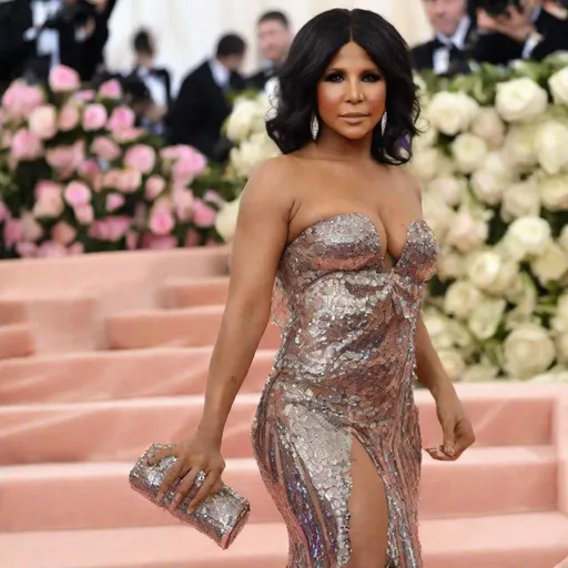 Prompt: Toni Braxton posing wearing a sequin vine dress at the MET GALA red carpet 