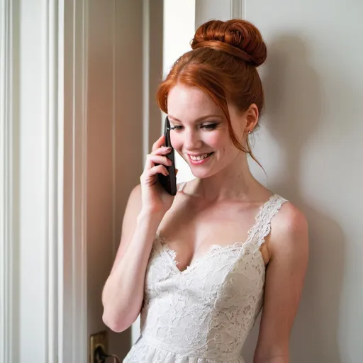 Prompt: A beautiful redhead woman, hair in a bun  in a white lace dress smirking at a door while on her cellphone 