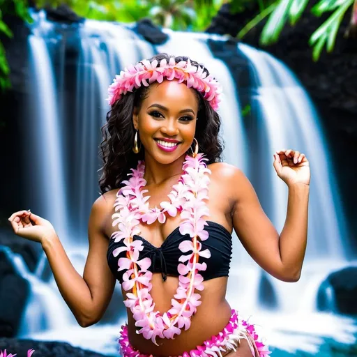 Prompt: Beautiful black woman smiling posing with pink leis and hula in front of a Hawaiian waterfall 