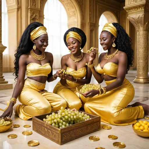 Prompt: African women dressed as jasmine in a palace happily playing with gold, grapes and presents 