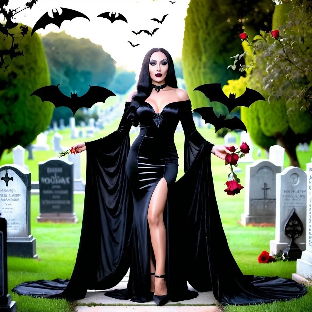 Prompt: Hyper feminine beautiful Black woman dressed as Morticia Addams holding a rose wearing long silky black dress in a cemetery and a group of bats flying in background 