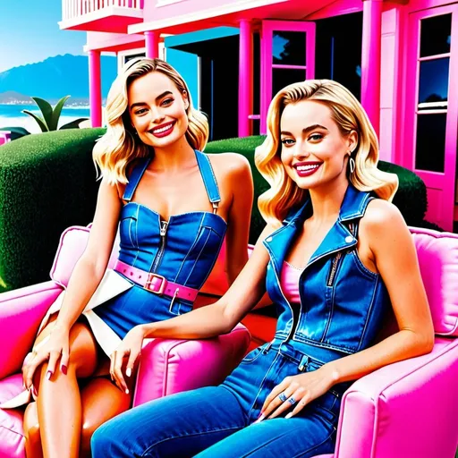 Prompt: Margot Robbie laughing wearing a pink tube dress and Ryan Gosling smiling wear an open blue denim vest and blue denim jeans seating in pink lounge chairs in front of Barbie dream house 