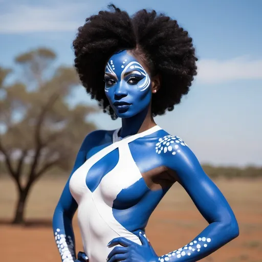 Prompt: Beautiful black woman in blue body paint in white mod dress as mystique
