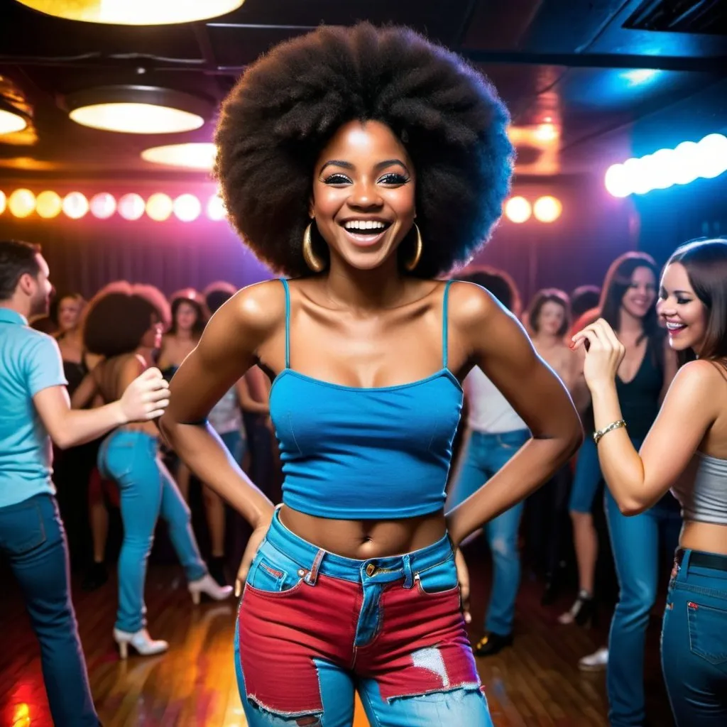 Prompt: Beautiful black woman smilingwith an Afro, blue tube top and bell jeans dancing on the dance floor at a disco nightclub 