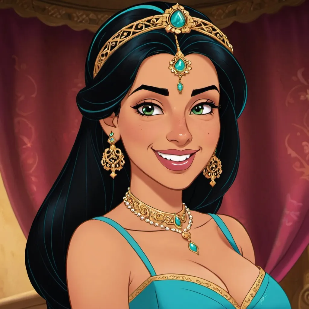 Prompt: Jasmine as sultana smirking and flirting 