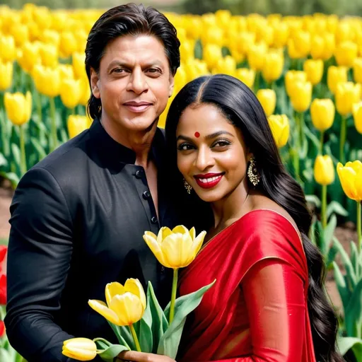Prompt: Shahrukh Khan lovingly holding a beautiful black woman smiling coyly with long black hair in a red sari in a yellow tulip filled garden.