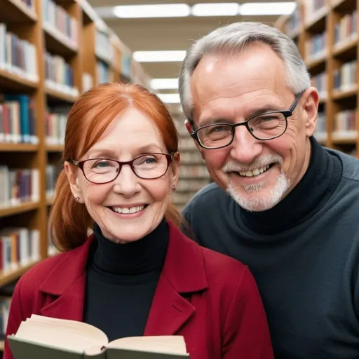 Prompt: Senior Caucasian woman with red hair in ponytail,  circle reading glasses with a black turtleneck smiling happily with a handsome middle aged man with gray hair in a library aisle 