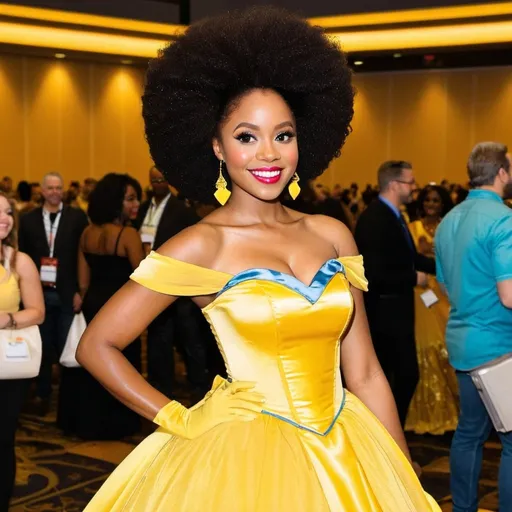 Prompt: Beautiful black woman dressed as Belle in a yellow dress with an Afro at a fan convention smiling 