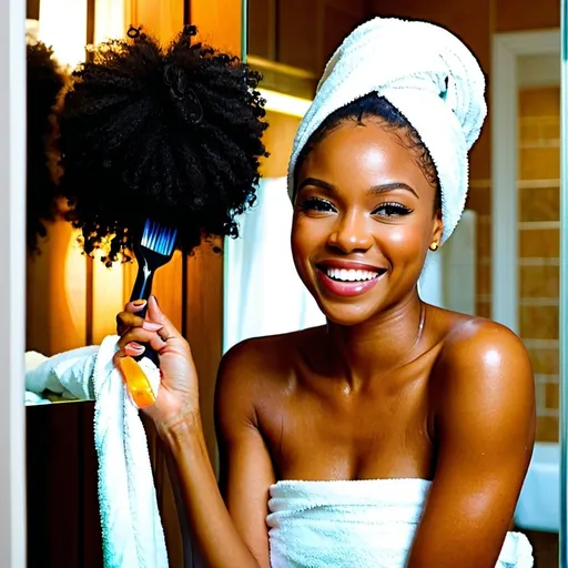 Prompt: Beautiful black woman smirking, eye winks, as she wears a towel at her waist, chest out as she fixes her hair in front of mirror